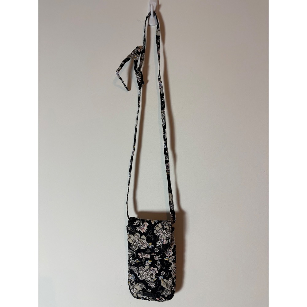 Vera Bradley Black Floral Quilted Cotton Phone‎ Crossbody Bag Adjustable Strap